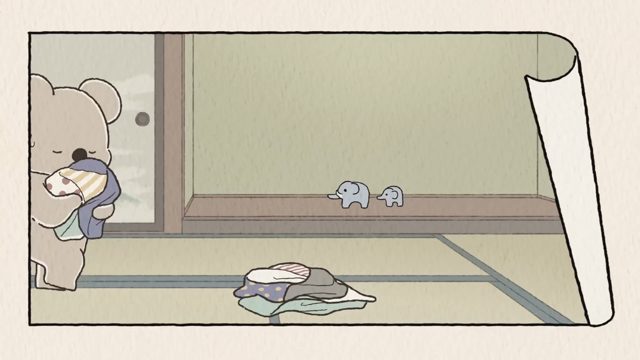 无尾熊听音乐帮自己打气／无尾熊有一大堆衣服要洗／无尾熊明明早就该睡了